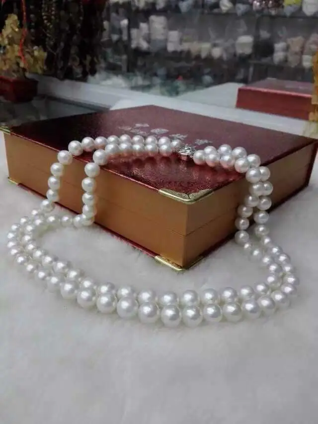 double strands 9-10mm south sea white round pearl necklace 18inch19inch