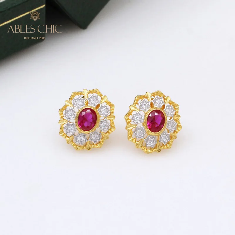 

6prs 18K Gold Tone 925 Silver Filigree Flower Solitaire Ruby CZ Earrings Gemstone Blossoms Renaissance Studs Earring C11E4S25394