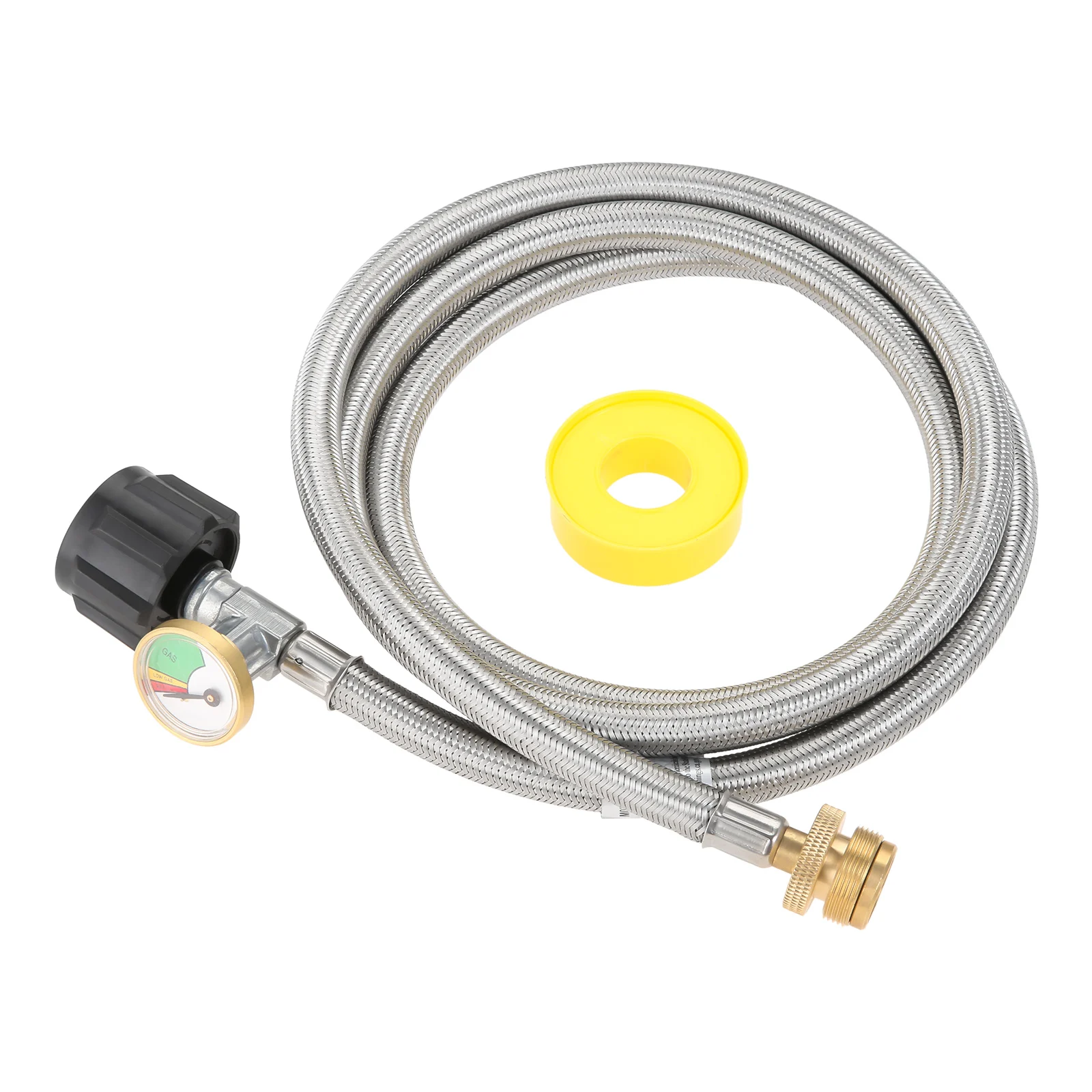 Manguera adaptadora de propano trenzada de acero inoxidable de 6 pies con calibre convertidor de 1 lb a 20 lb para tanque QCC1 / Type1 LP a estufa de propano de 1 LB
