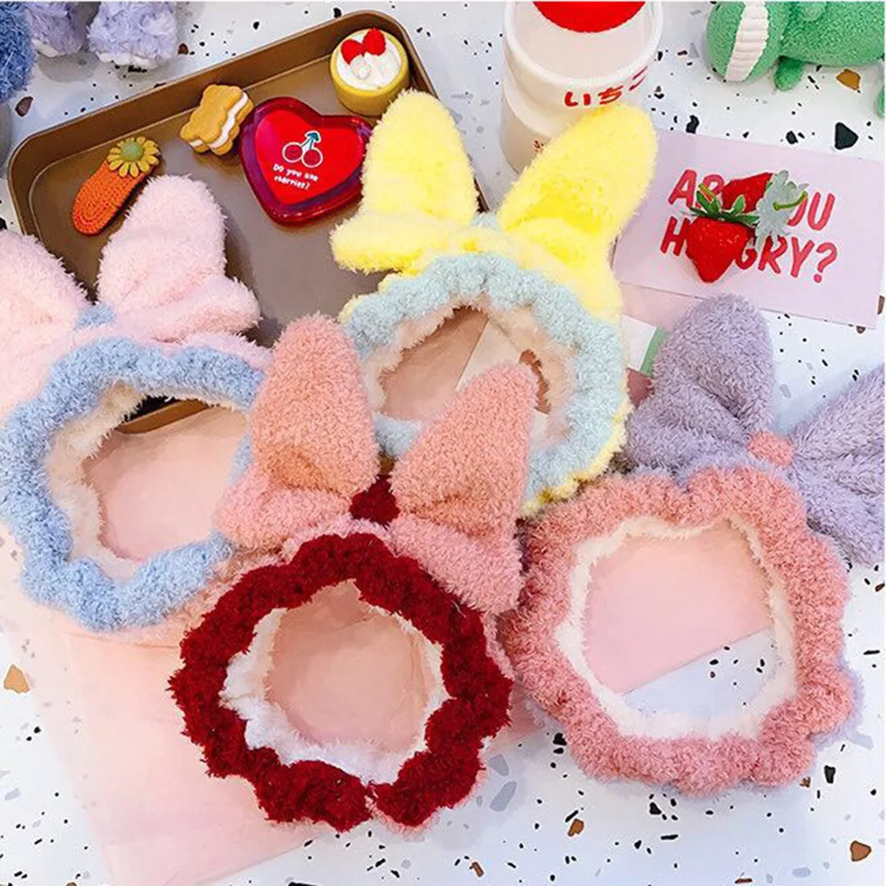 Bow Knot Headband for Women Washing Face Plush Bow Hairbands Cat Ears Crown Headwear Soft Coral Fleece Hair Accessories