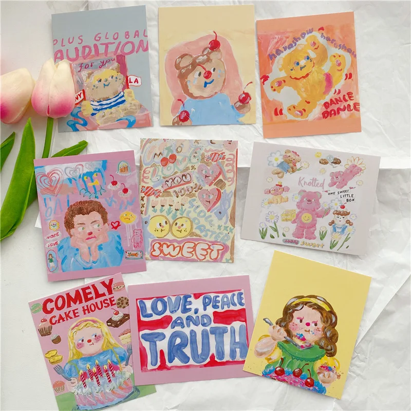 Pintura al óleo de oso, tarjeta decorativa de 9 hojas, Postales INS, coreano, un solo lado, pegatina de pared para habitación, regalo, tarjetas de felicitación, accesorios para fotos