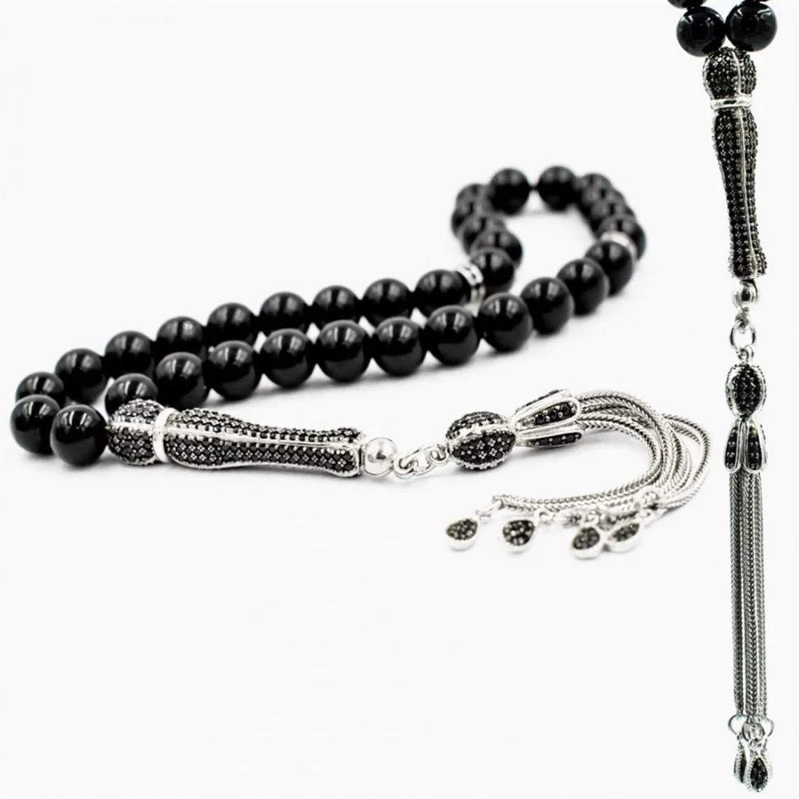 

925 Sterling Silver Black Onyx 33 Piece Tasbih Special Design Islamic Gift, Masterwork Muslim Prayer Beads Masbaha, Subha