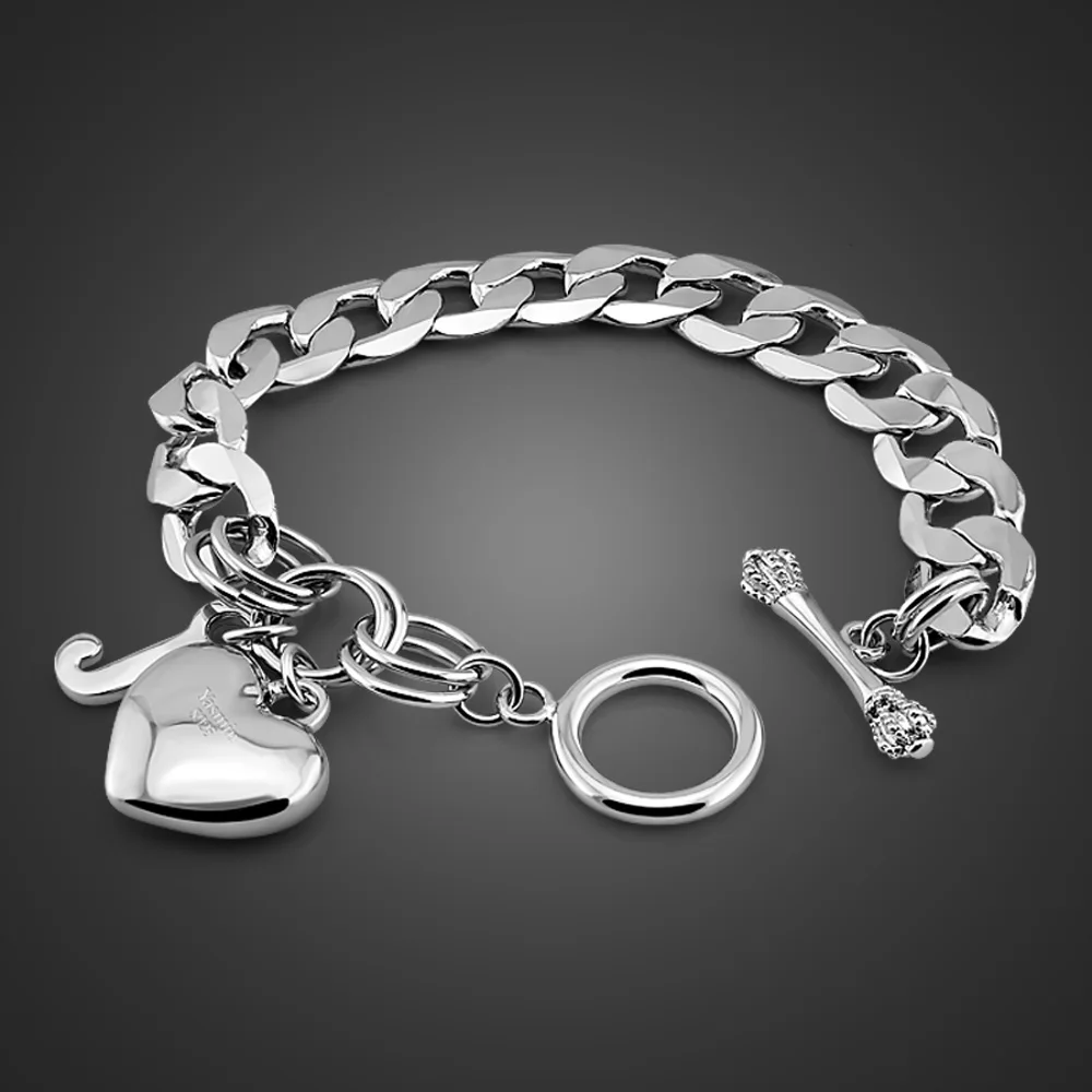 Vintage 925 Silver Curb Cuban Bracelet 12mm Bangle for Women with Hand Heart Charm Fashion Jewelry Accessory