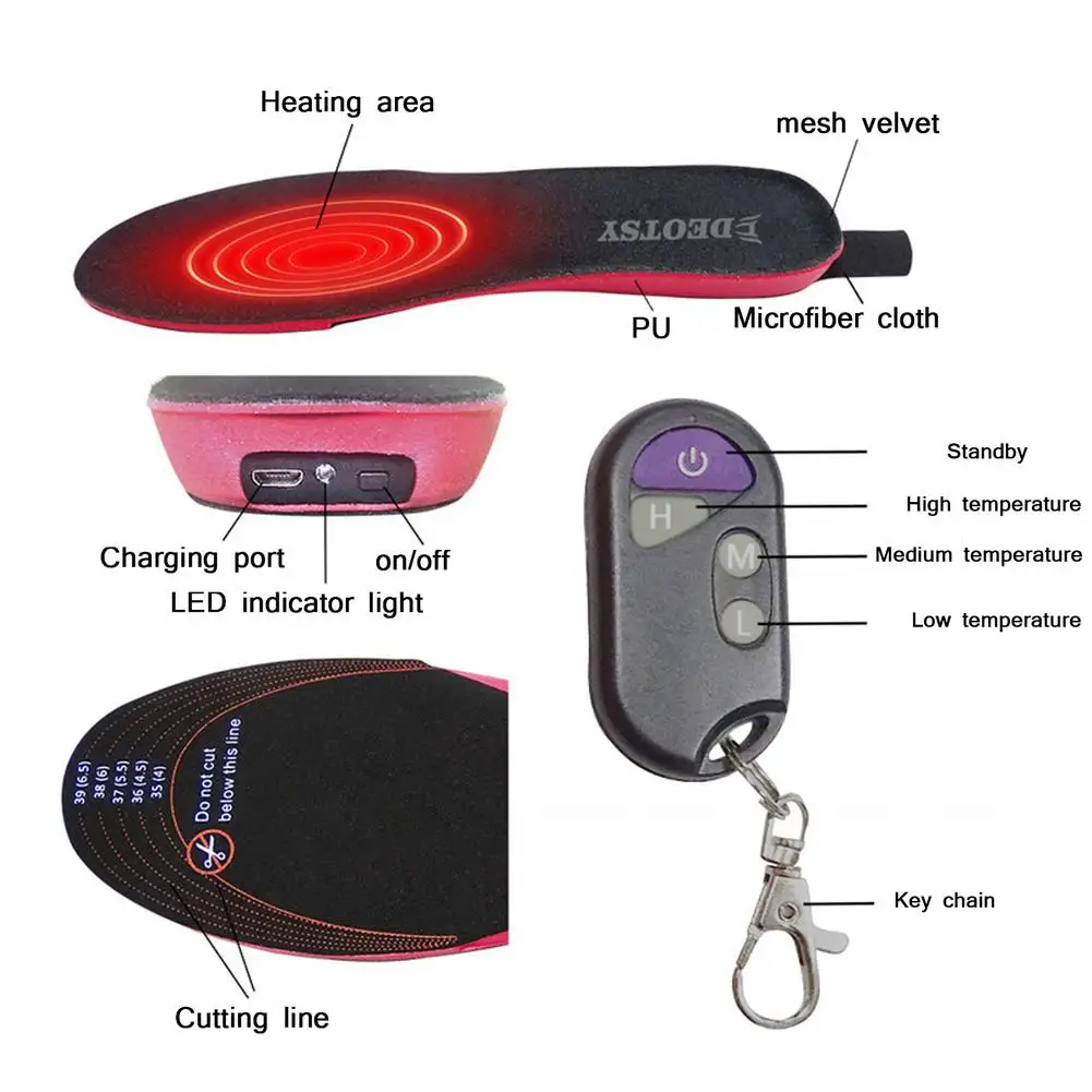 M/L Rechargeable Electric Heated Insoles USB Heated Shoe Insoles Warm Sock Pad Mat 4.2V 2100MA Remote Control Heating Insoles