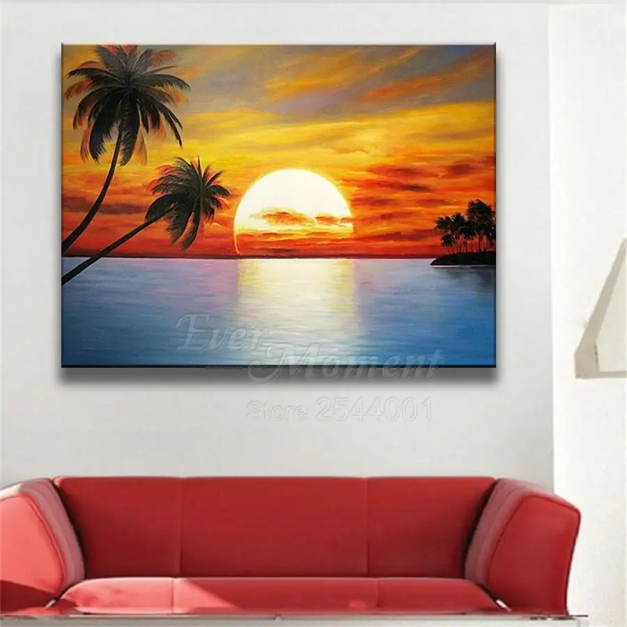 Ever Moment Diamond Painting Full Square Resin Drills Coconut Tree Wall Art Colorful Sunset Embroidery Diamond Display ASF2207