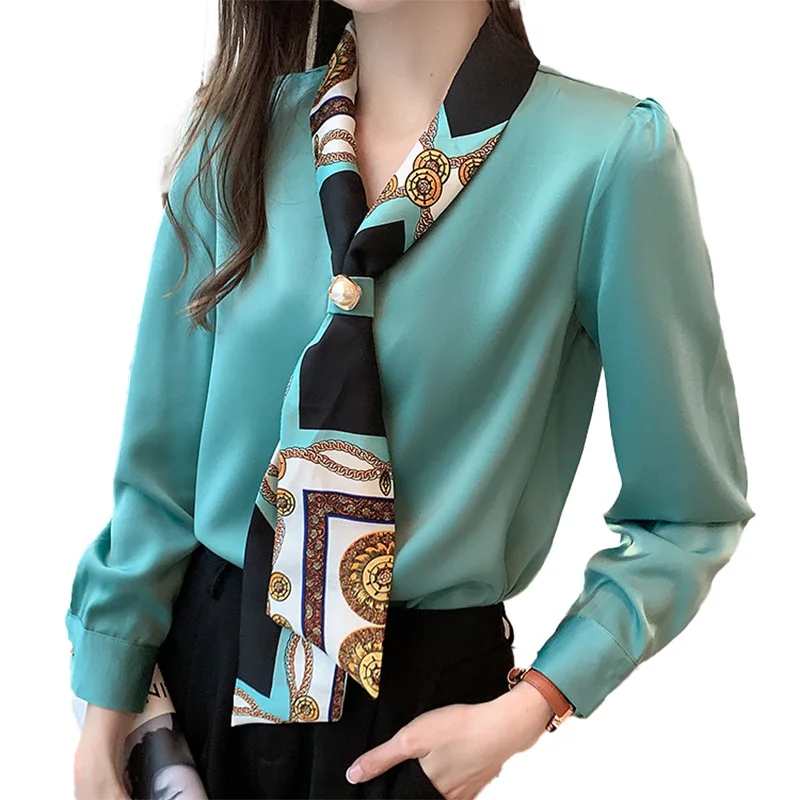 Blouses Vrouwelijke Elegante Mode Kantoor Dame Boog Solid Chiffon Shirts Vrouwen Kleding Lente Herfst Lange Mouw V-hals Trui Top