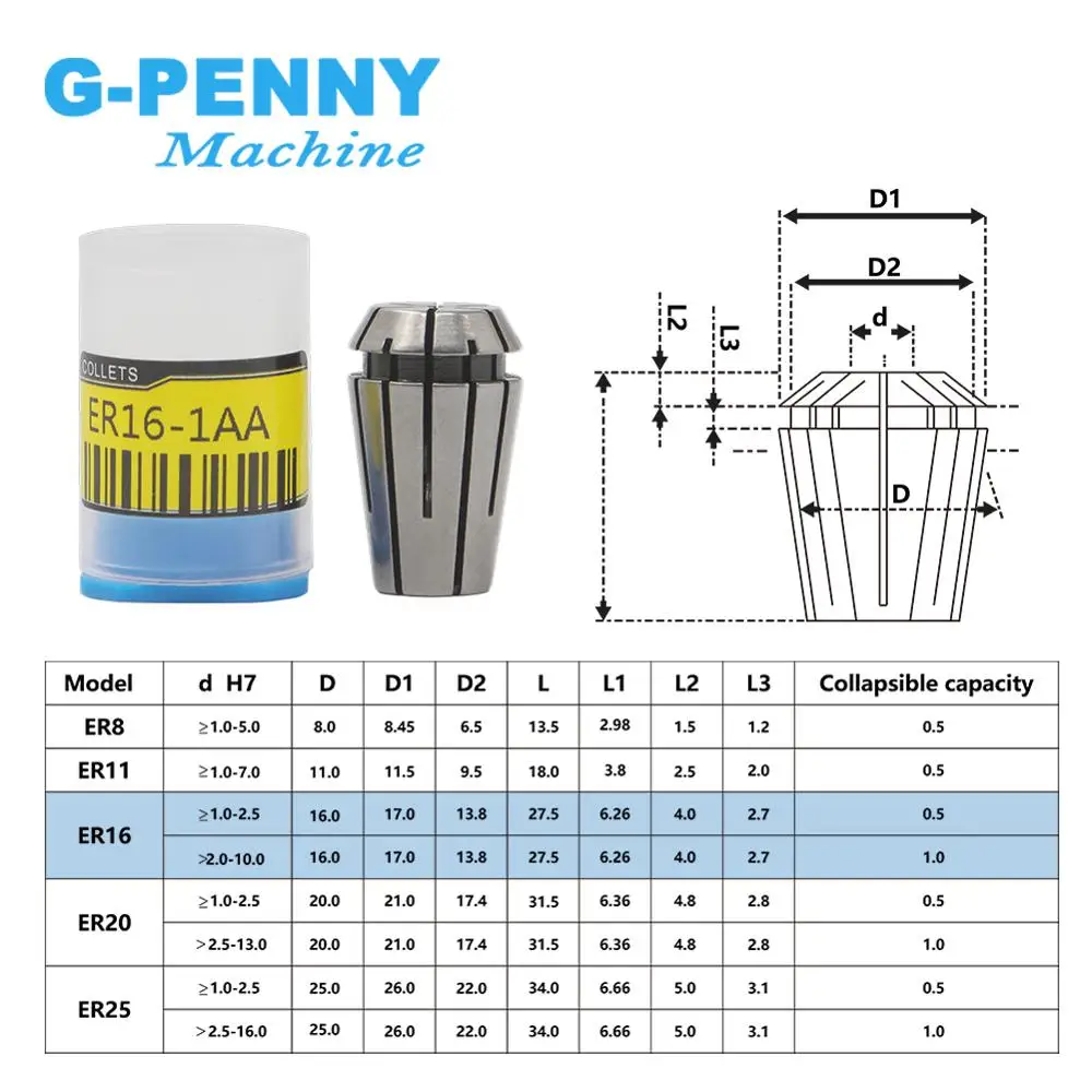 G-Penny 1pcs ER16 Spring Collet Chuck 0.015mm 1,2,3,4,5,6,7,8,9,10,1/4,1/8 CNC Milling Lathe Tool spindle motor