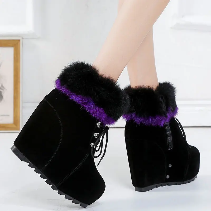 Winter Women\'s Platform Winter Boots Thick-soled Women Wedge Ankle Boots Inner Increase Warm Plush Female High-heel Boots