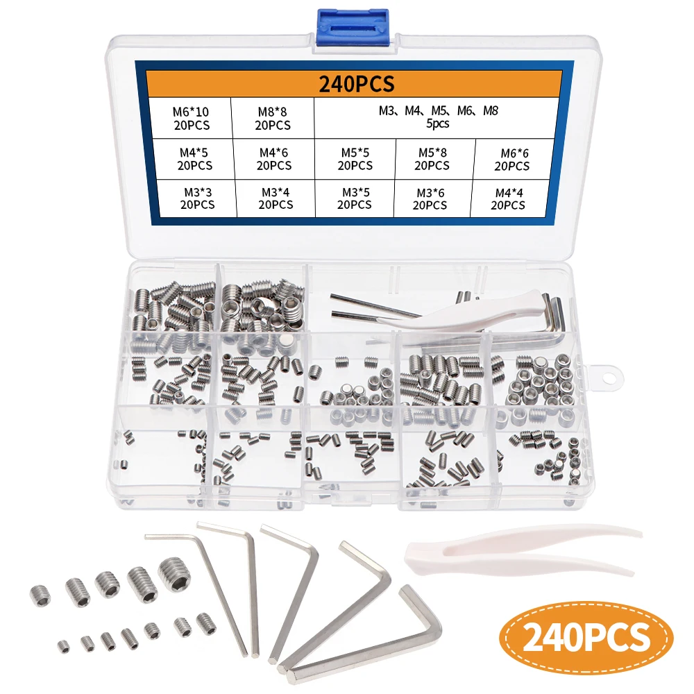 240pcs Stainless Steel M3 M4 M5 M6 M8 Hexagon Socket Head Bolts Assortment Kit With 5 Wrenches and 1 Tweezers Boxed Screws Sets