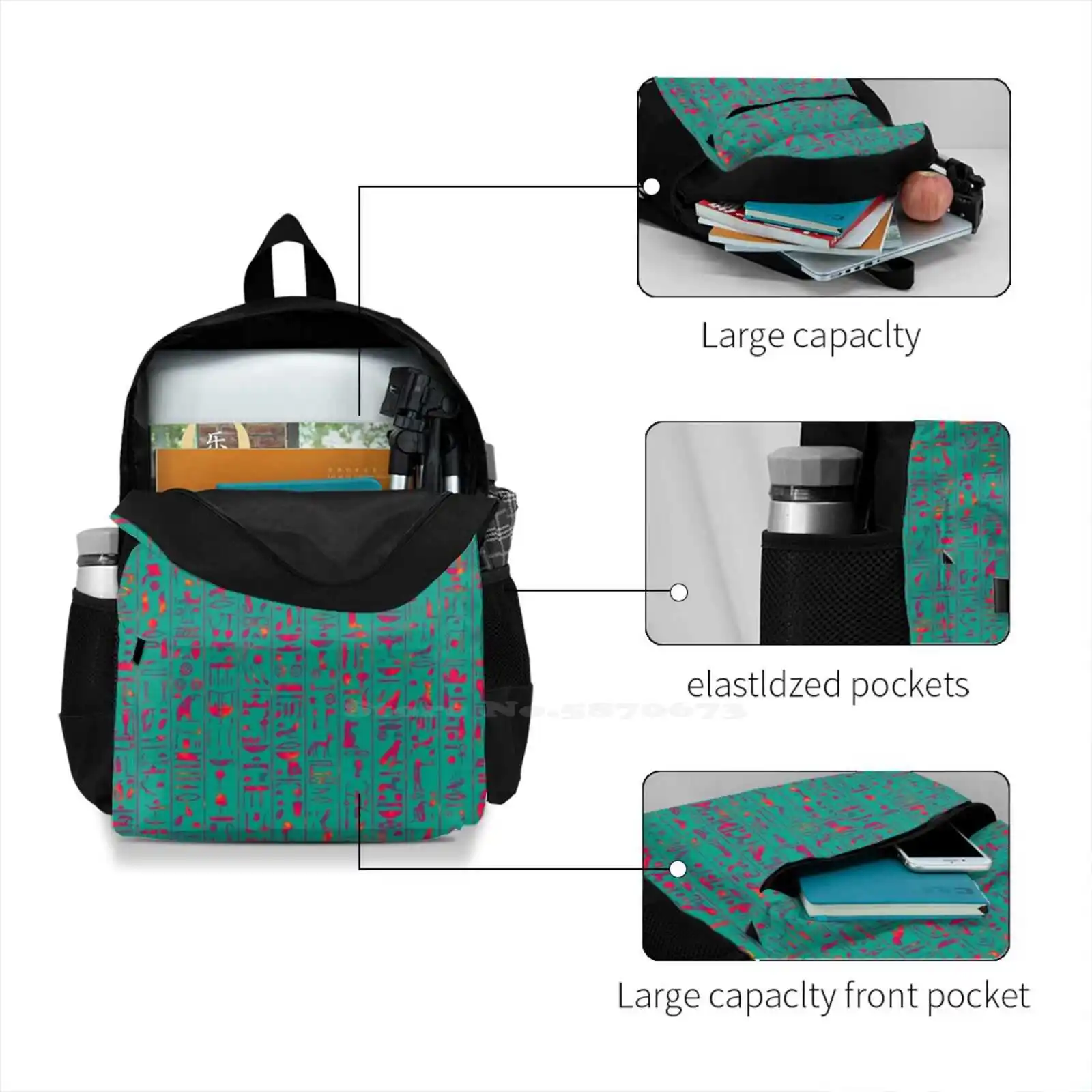 Hieroglyphics Hot 3d Print Design Backpack Casual Bag Egypt Egyptian Hieroglyphic Hieroglyphics Ancient Vintage Old Carving image 4