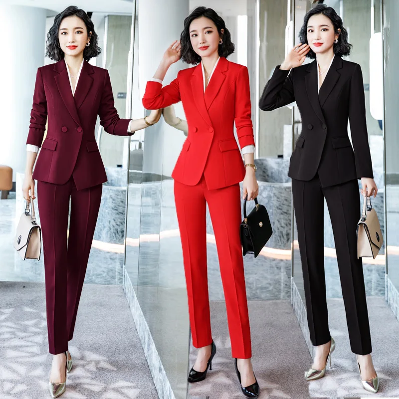 IZICFLY New Style Autumn Winter Wine Red Office Work Wear Clothes For Women Blazer Set Trouser Business Elegant Pant Suit Outfit