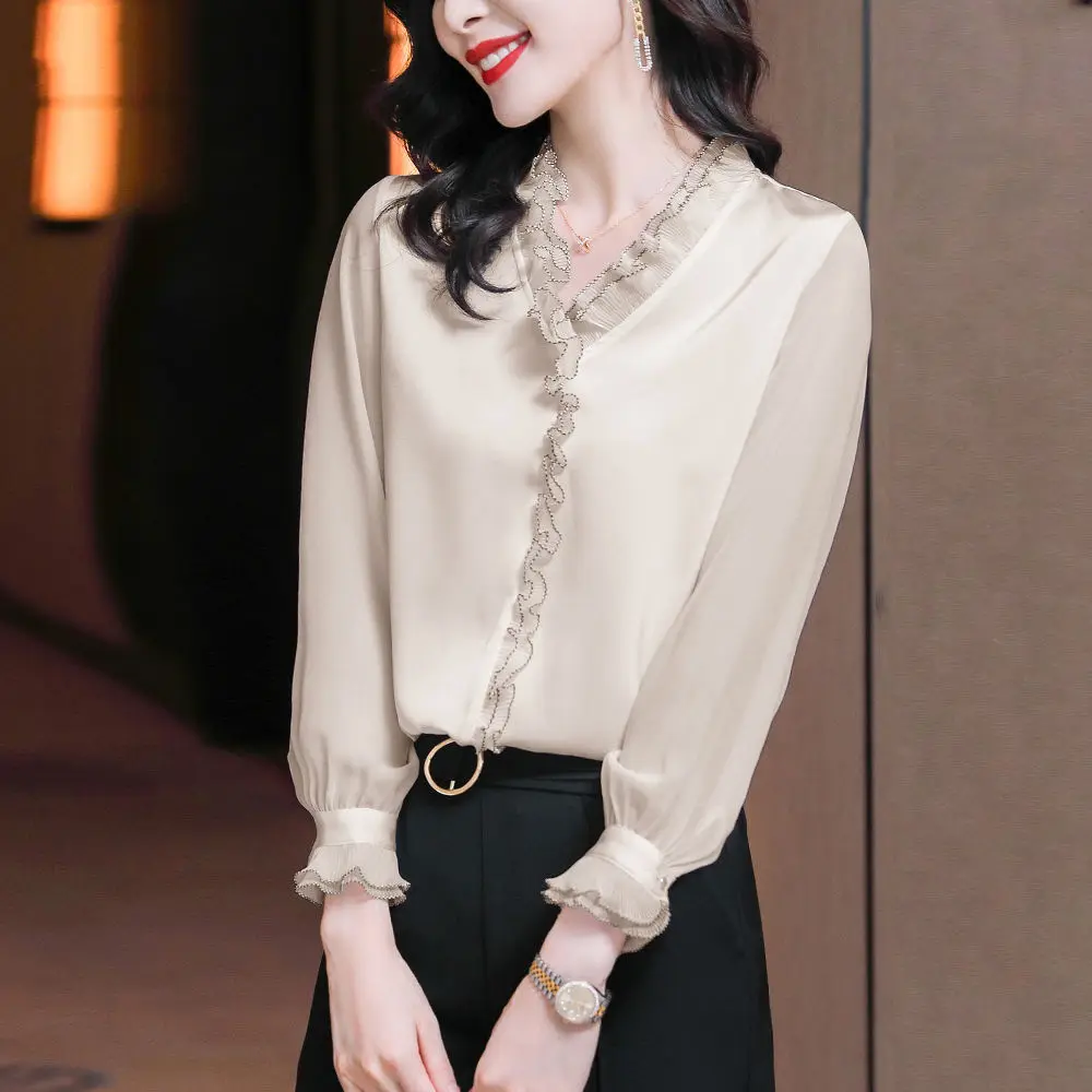 Lace Ruffles Chiffon Shirts Women's Clothing 2023 Autumn Winter New Office Lady Long Sleeve Pullovers Vintage Elegant Blouse 4XL