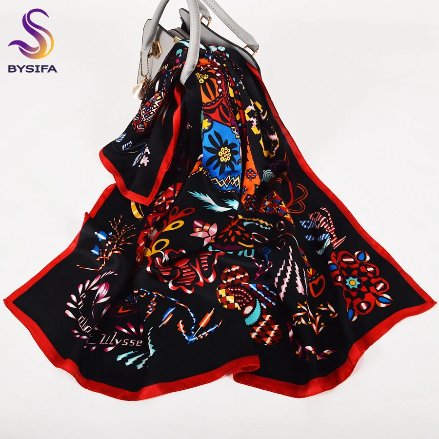 BYSIFA|Brand Colorful Pure Silk Women Square Scarves New Cat Fish Design Muslim Hijabs Fall Winter 100% Real Silk Scarf 90*90cm