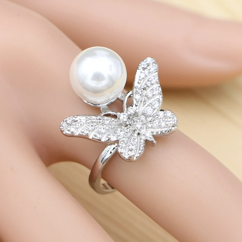 925 Silver Bridal Jewelry Sets White Cubic Zirconia Pearl for Women Butterfly Earrings/Ring/Pendant/Necklace view 2