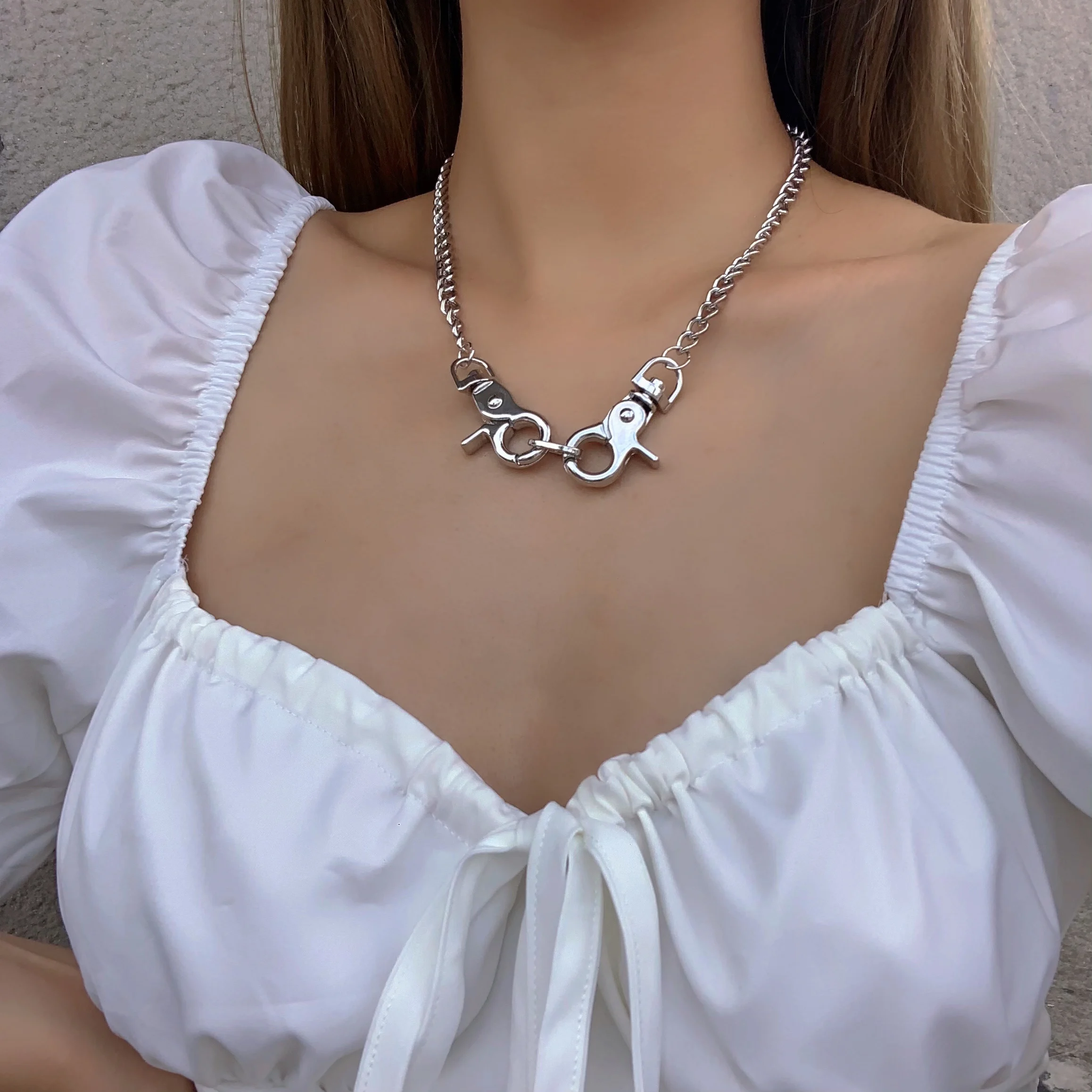 Flashbuy Punk Silver Color Thick Chain Clasp Key Pendant Necklaces Women Gothic Chunky Chain Choker Necklace Fashion Jewelry