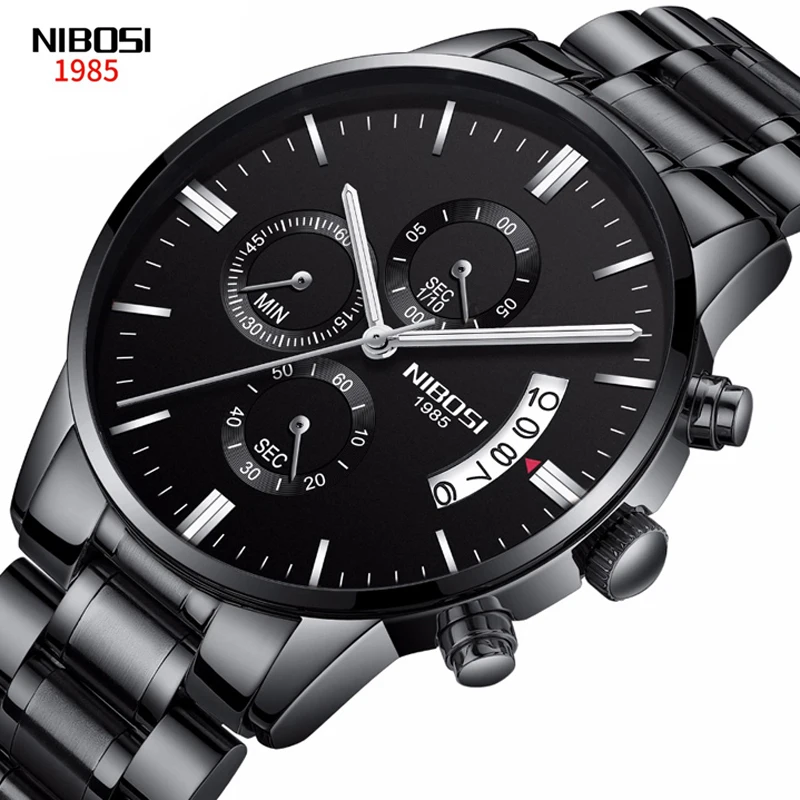 NIBOSI สแตนเลสสีดำนาฬิกาควอตซ์ Luxury Chronograph นาฬิกาข้อมือชาย Relogio Masculino 2309