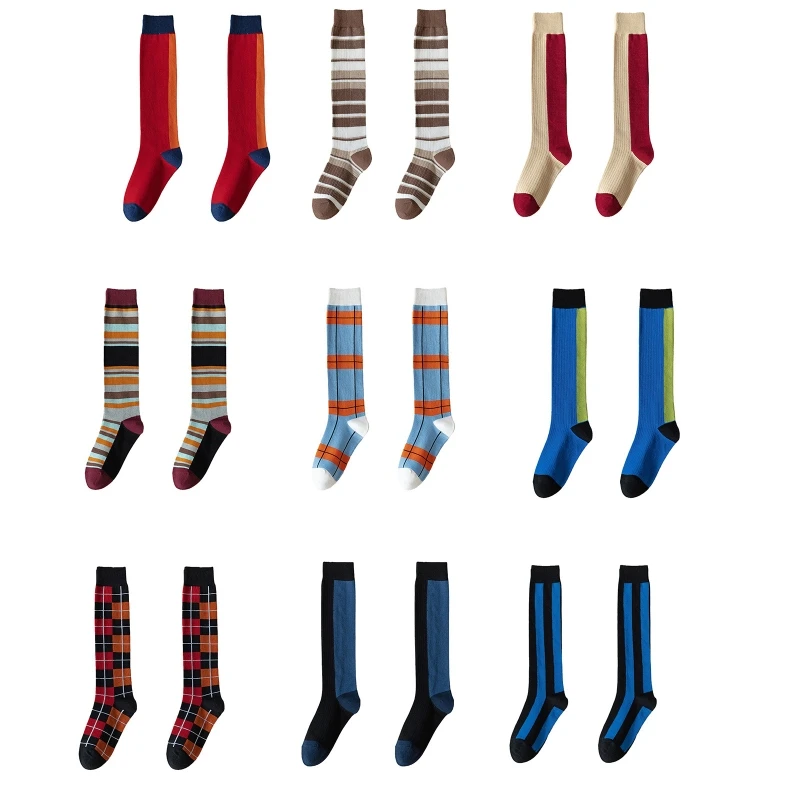 2022 Women Autumn Cotton Knee High Socks Harajuku Preppy Vintage Contrast Color Striped Plaid Print High Tube Stockings