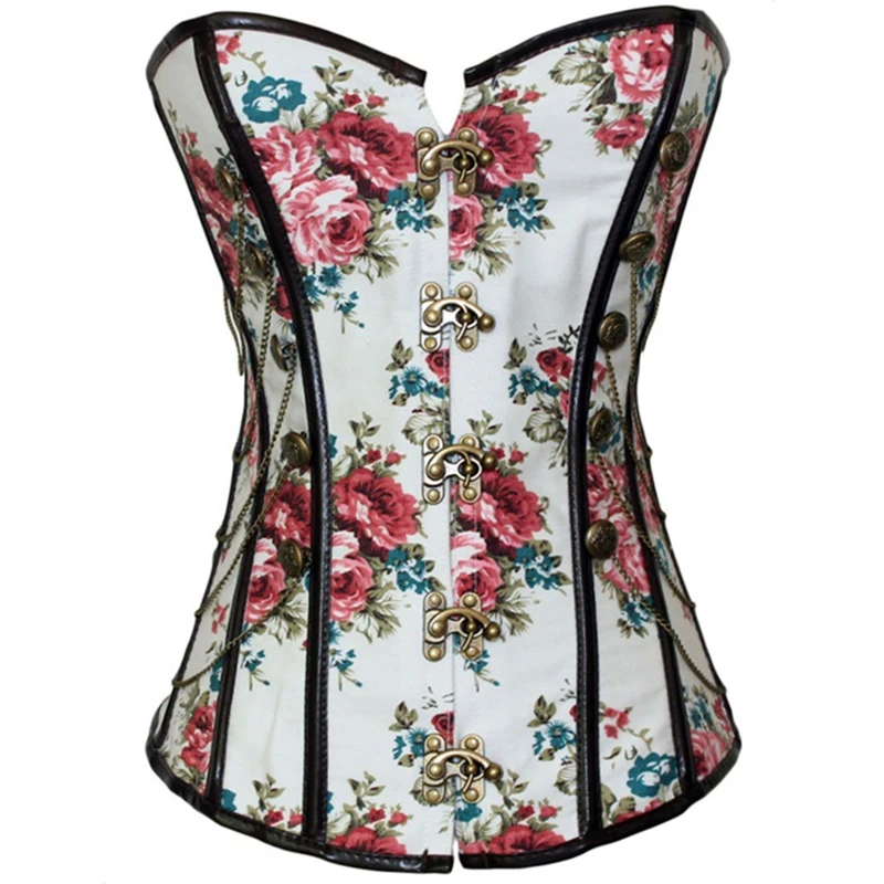 

Gothic Sexy Corsets for Women Steampunk Overbust Corset Top White Retro Flower Print Bride Body Shaper Waist Cincher Corselet