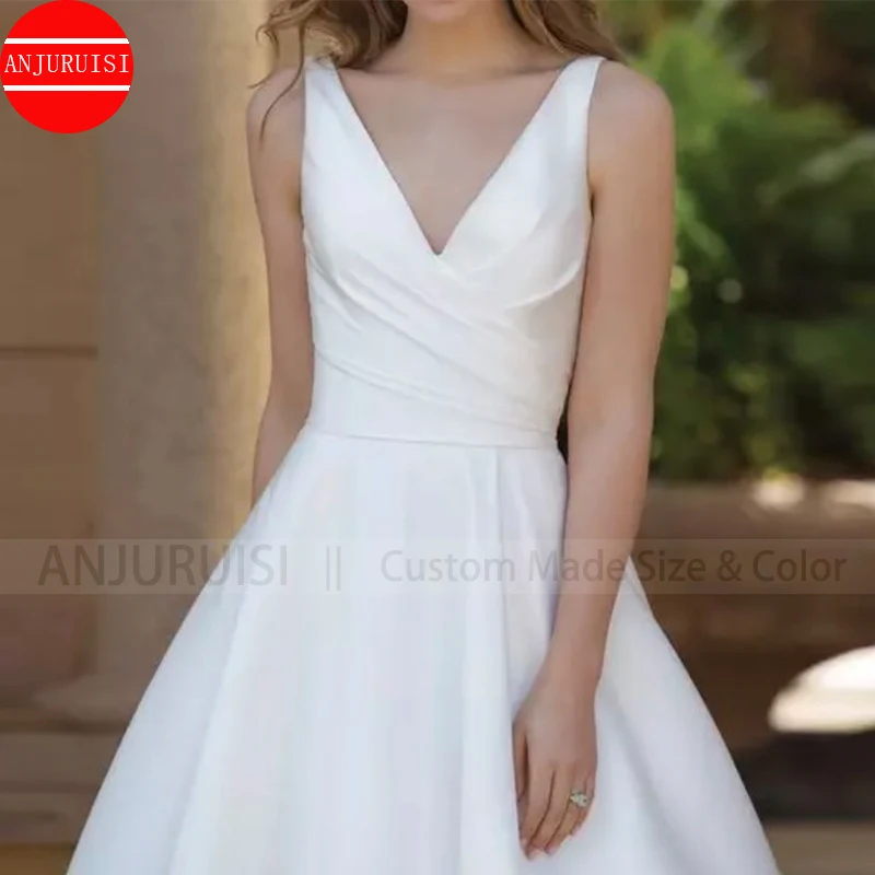 Vestido de novia de satén con bolsillos, prenda sencilla con escote en V, Espalda descubierta, plisado, 2022