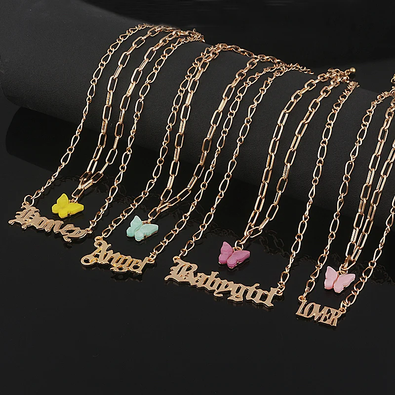 Fashion Acrylic Butterfly Necklace Women Double Layer Chain Letter Angel Lover Pendant Choker Necklace Female Jewelry Best Gift