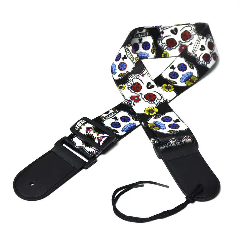 5cm / 2inch Wide Colorful Skull Printed Guitar Bass Strap Polyester w/ Leather Head