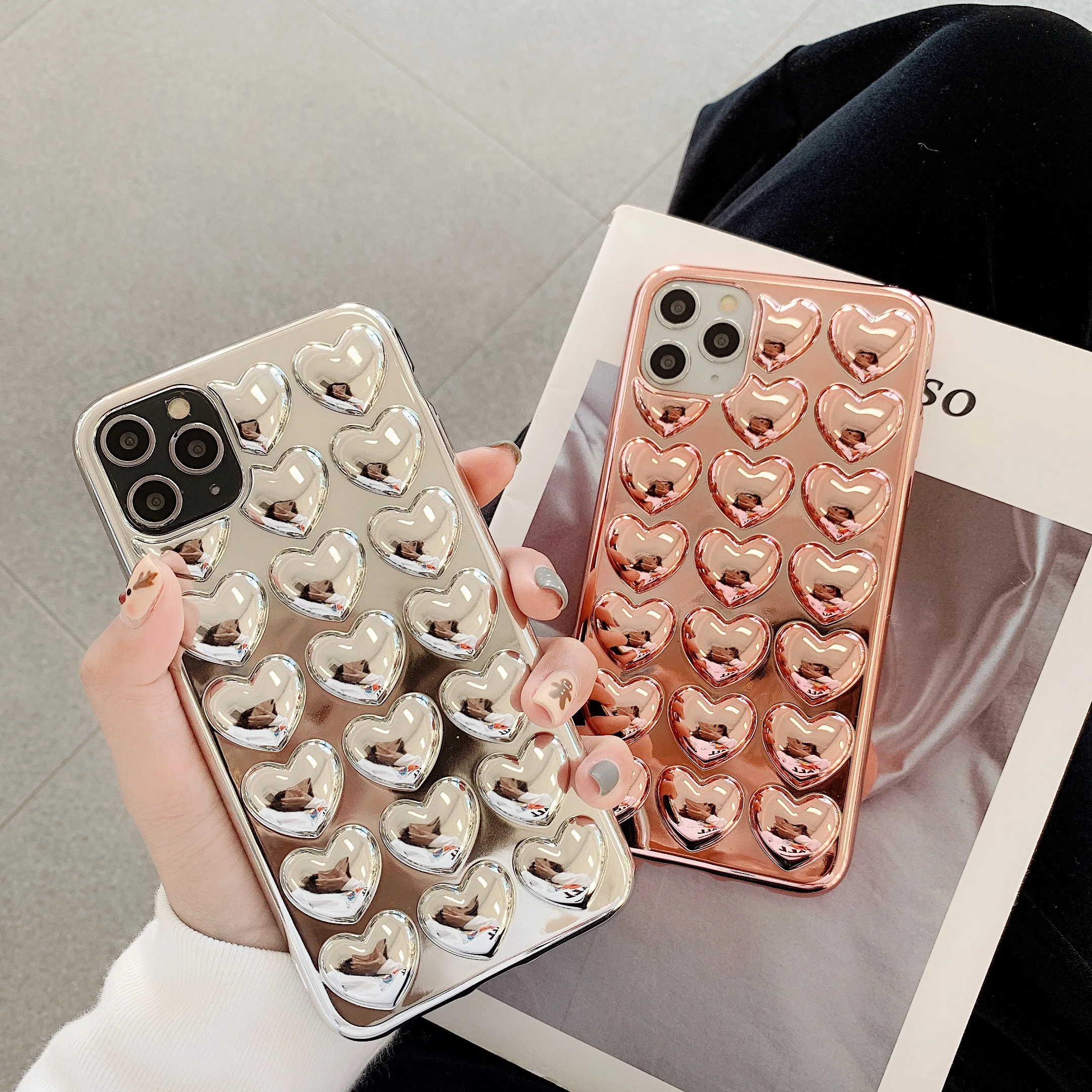 

plating solid 3D Love heart-shaped Glossy Back Case For iPhone 16 15 14 12 13 11 Pro Max XS 7 8 Plus Shockproof Cover