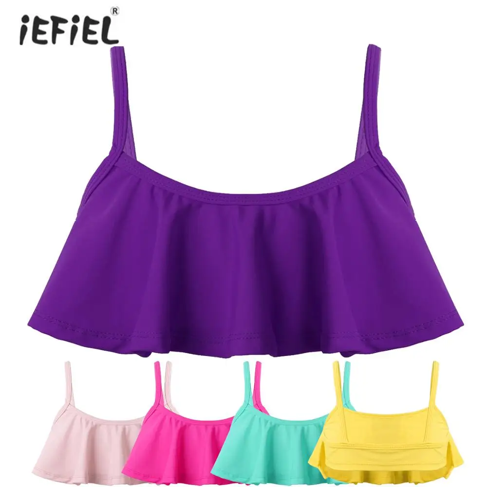 Summer Kids Girls Tops Spaghetti Shoulder Straps Quick Dry Soft Breathable Flounce Bikini Top UPF50+ Rash Guard for Beach Pool