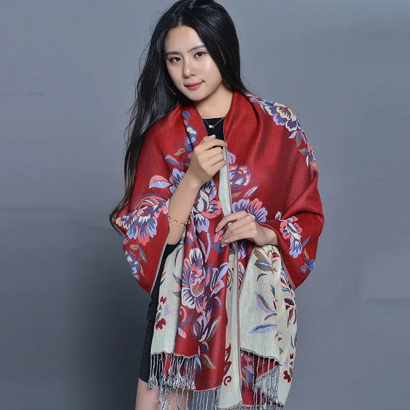 New Arrival Women Ethnic Jacquard Scarf  Flower Print Travel Bufanda Lady Air Conditioning Shawl Thickened Warm Tassel Pashmina