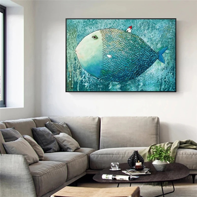 Large Blue Fish Cartoon Wall Art Posters And Prints Modern Art Animals Paintings on the Wall Pictures For Kids Room Decor Cuadro