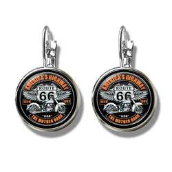 Fashion Motorcycles Pattern French Hook Earrings US Flag Route 66 Design 16mm Glass Cabochon Jewelry For Women Girls Gift