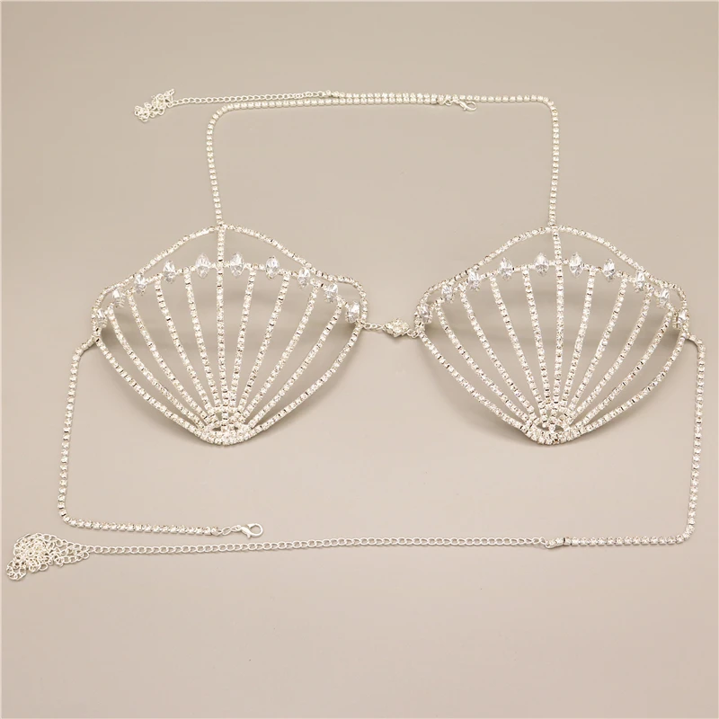 Sexy Women Rhinestone Body Chain Bra Chain Shiny Shell-Shaped Crystal Bikini Bra Party Nightclub Underwear Jewelry Accessories