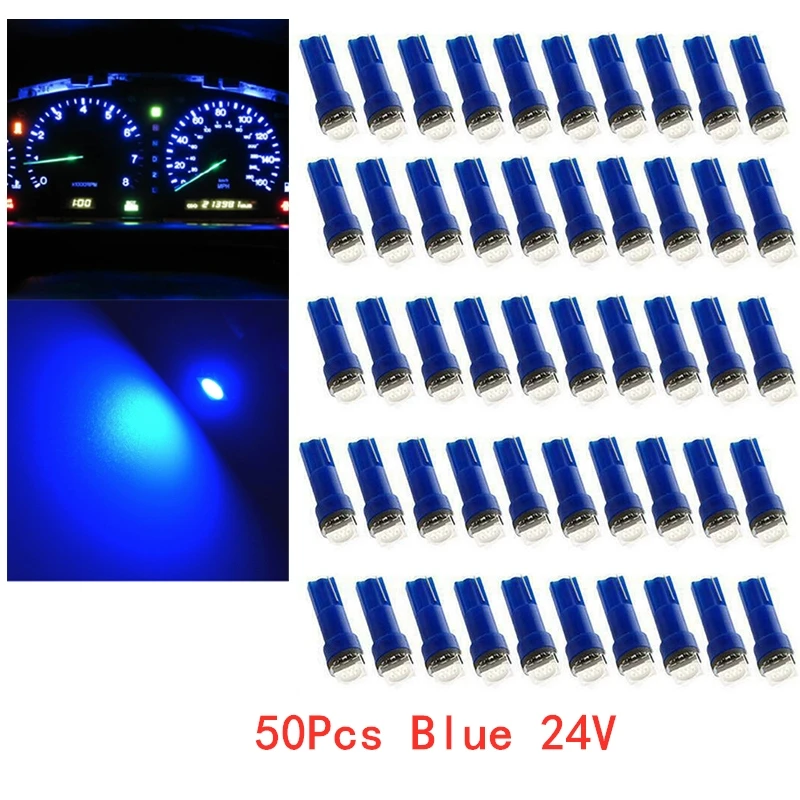 50Pcs T5 5050 1SMD 24V Blue Blubs Wedge Dashboard LED Lights Bulbs Car Lnstrument Indicator AC Lamp Auto Interior Accessories