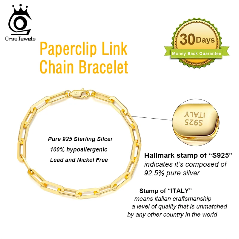 ORSA JEWELS Gold Plated Genuine 925 Sterling Silver Paperclip Link Chain Bracelet for Women Men 7, 8, 9 Inches Bracelet SB109