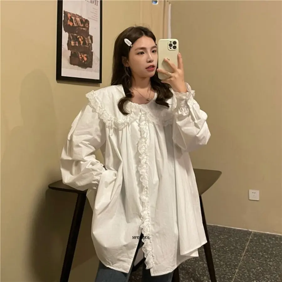 Plus Size 6XL 150KG Loose White Lace Autumn Shirt for Women Peter Pan Collar Solid Female Shirts Tops Oversized Blouses