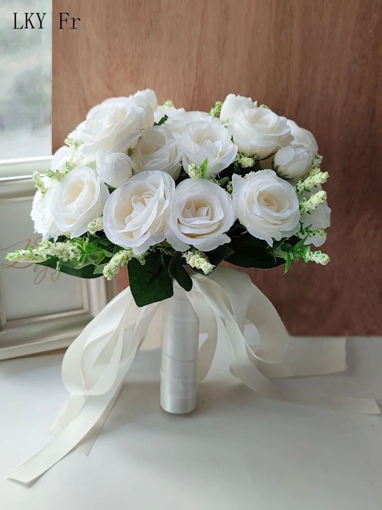 LKY Fr Wedding Bouquets for Bride Accessories Bridesmaid Bouquet Ivory Big Roses Silk Flowers Groom Boutonnieres Wedding Decor