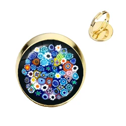 Murano Millefiori Ajustable Rings MultiColour Flower 16mm Glass Cabochon Ring Jewelry For Women Men Gift Wholesale