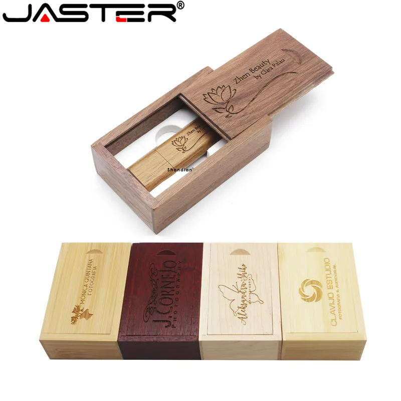 JASTER-USB 2.0 나무 usb + 상자 usb 플래시 드라이브 오리지널 메모리 스틱 4GB 32GB 16GB 64GB, 결혼 선물 1 개 무료 맞춤 로고