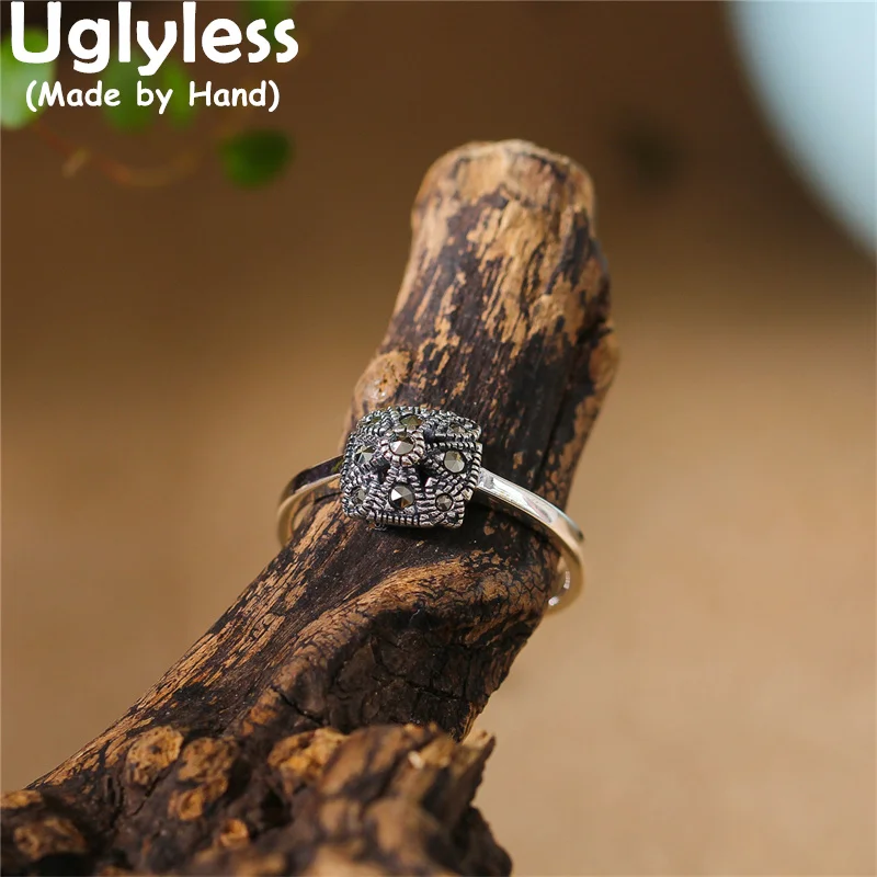 Uglyless Rhombic Marcasite Rings for Women Vintage Thai Silver Square Ring Real 925 Sterling Silver Retro Fine Jewelry Geometric