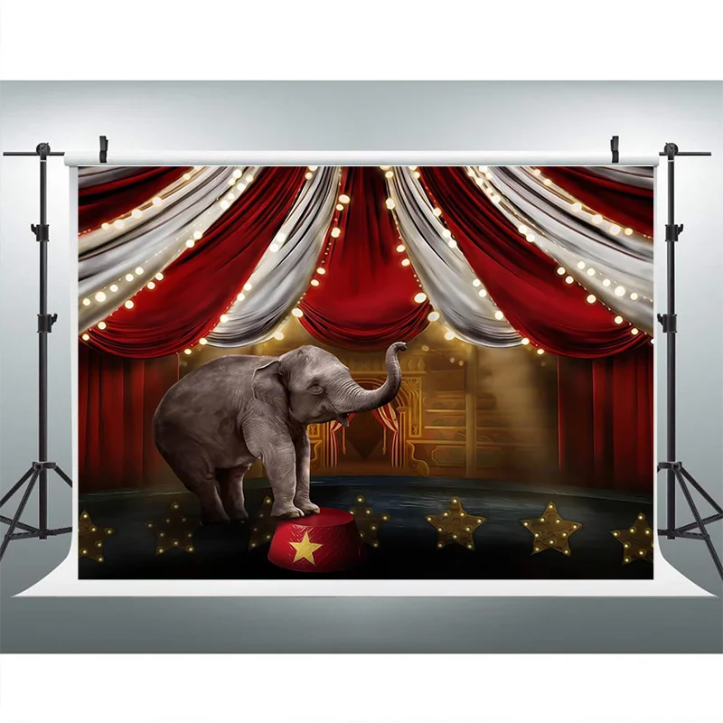 Mocsicka-Fondo de circo con elefante, fiesta de cumpleaños, estudio de fotografía, tienda de campaña a rayas rojas y blancas, fondo fotográfico, pastel de bebé