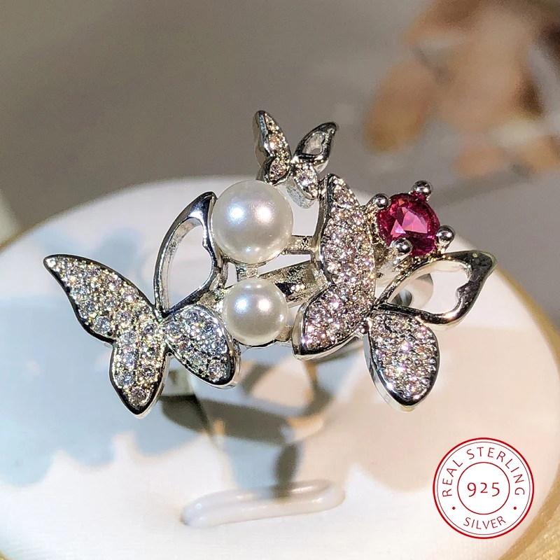 925 Silver Elegant Double Pearl Double Butterfly Full Zircon Ring Jewelry Ladies Zircon Sweet Girl Ring Birthday Party