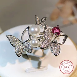 925 argento elegante doppia perla doppia farfalla anello zircone pieno gioielli donna zircone dolce ragazza anello festa di compleanno