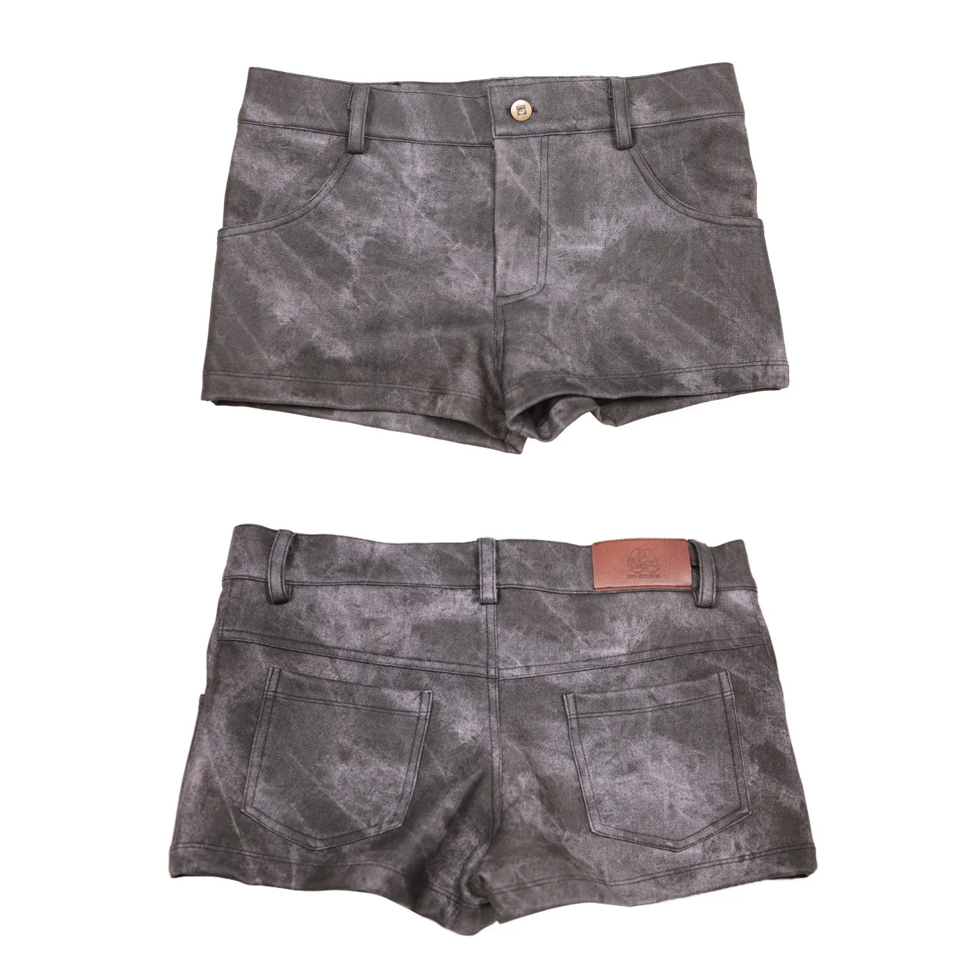 Calções boxer de PU finos para homens, jeans apertados, pé reto, garfo convexo, calça curta casual, estilo coreano, textura PU