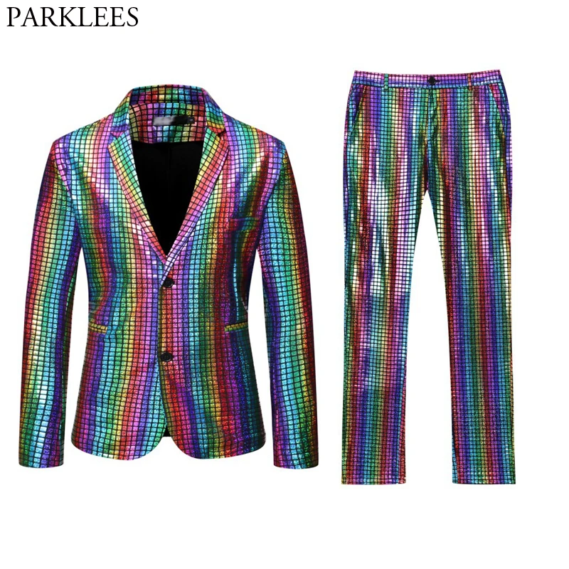 Trajes de fiestas de escenario para hombre, chaqueta de lentejuelas a cuadros con arcoíris dorados y plateados, pantalones, ideal para festival de