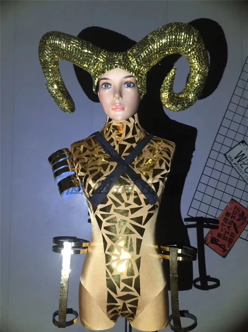 gold mirror DJ horns headdress jumpsuit suit Stage dance Show female song Ds dance team gogo costume