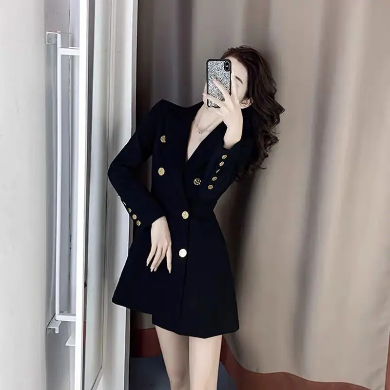 made by yihaodi) suit dress women\'s 2021 spring and autumn new French design sense minority black double breasted long sleeve wa