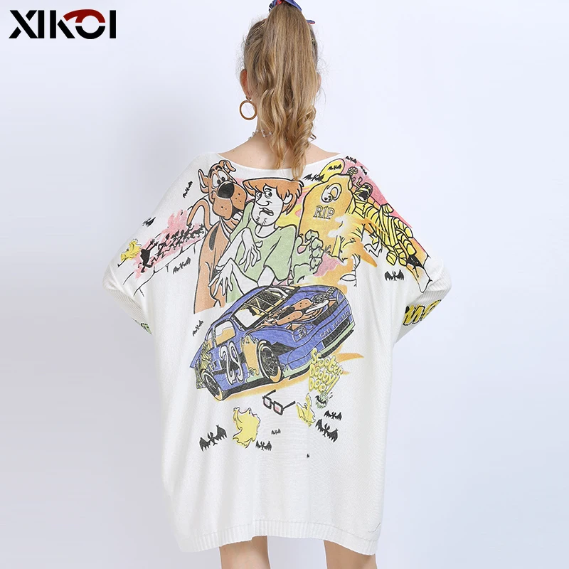 XIKOI Wool Oversized Sweaters For Women Winter Long Pullover Dresses Naughty Dog Print Jumper Casual Knitted Sweaters Pull Femme