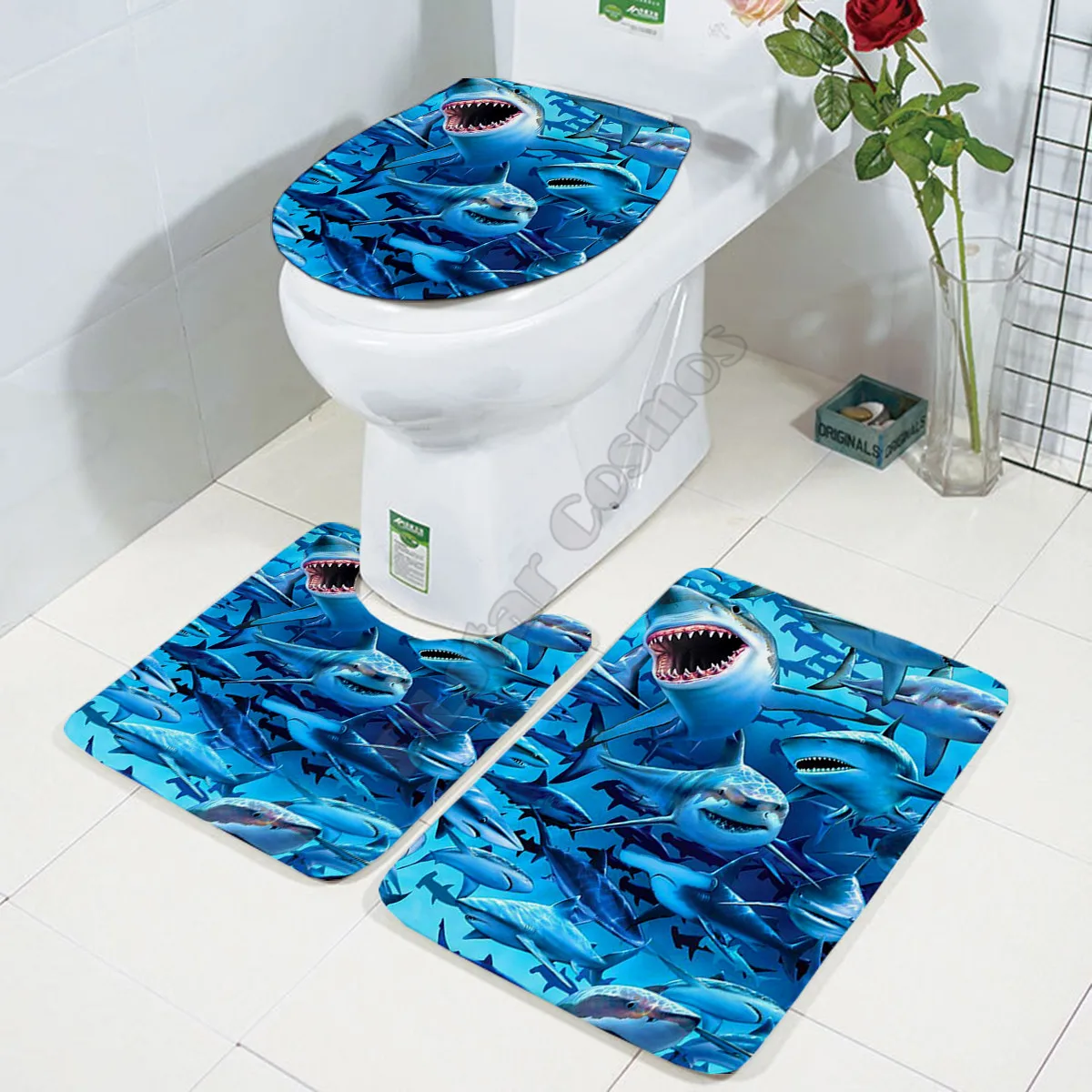 

Shark Three-piece set 3D printed Bathroom Pedestal Rug Lid Toilet Cover Bath Mat Set drop shipping 01