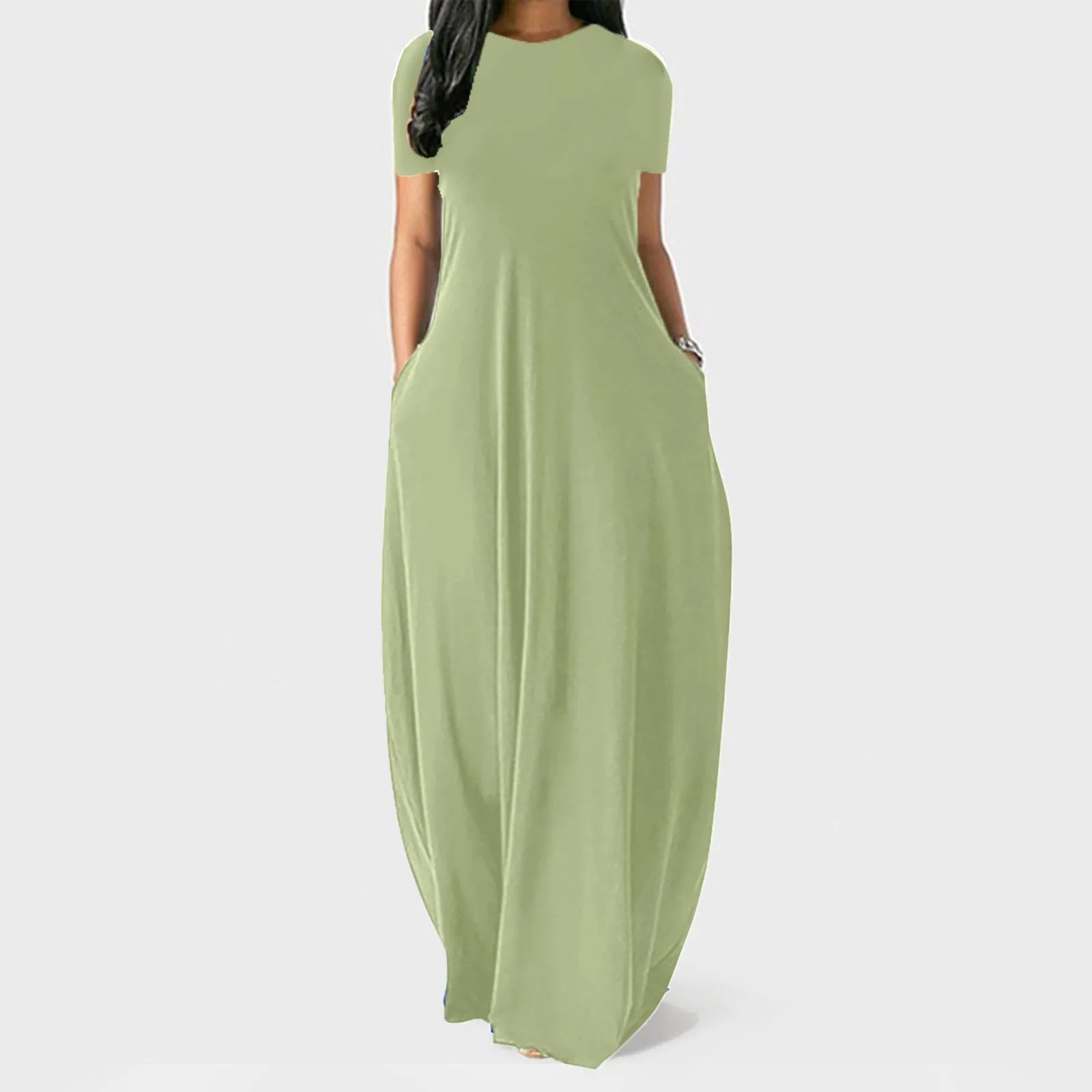 Women Summer Dress Oversize Casual Solid O-Neck Pockets Long Dress Female Plus Size Short Sleeve High Waist Maxi Dresses Vestido