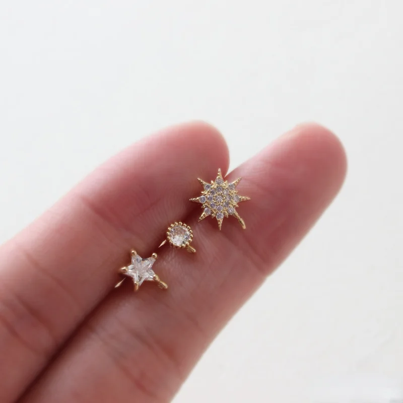 Copper plated real gold 14k inlaid zircon five-pointed star round silver needle stud earrings diy earring material accessories