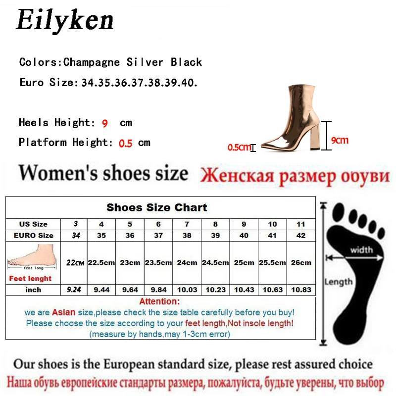 Eilyken 2024 modne złote srebrne lakierowane damskie botki ze szpiczastym noskiem kwadratowe wysokie obcasy buty Chelsea Botas De Mujer